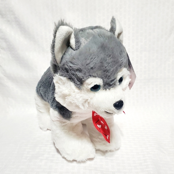 Walmart Hug Fun Siberian Husky Plush Puppy Love Grey Dog Heart Bow Stuffed 12". - Picture 4 of 13